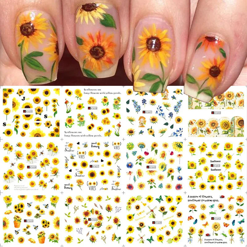 12 Designs Nail Stickers Set Mixed Floral Geometric Nail Art Water Transfer Decals Sliders Flower Leaves Manicures Decoration