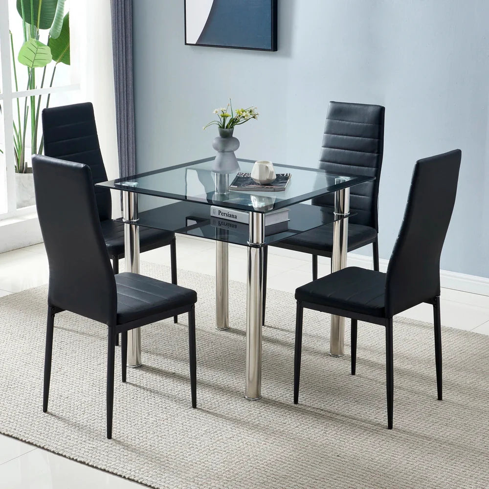 Double-layer Square Tempered Glass Stainless Steel Cylindrical Leg 80*80*75cm Dining Table Set or 4pcs Dining Chairs