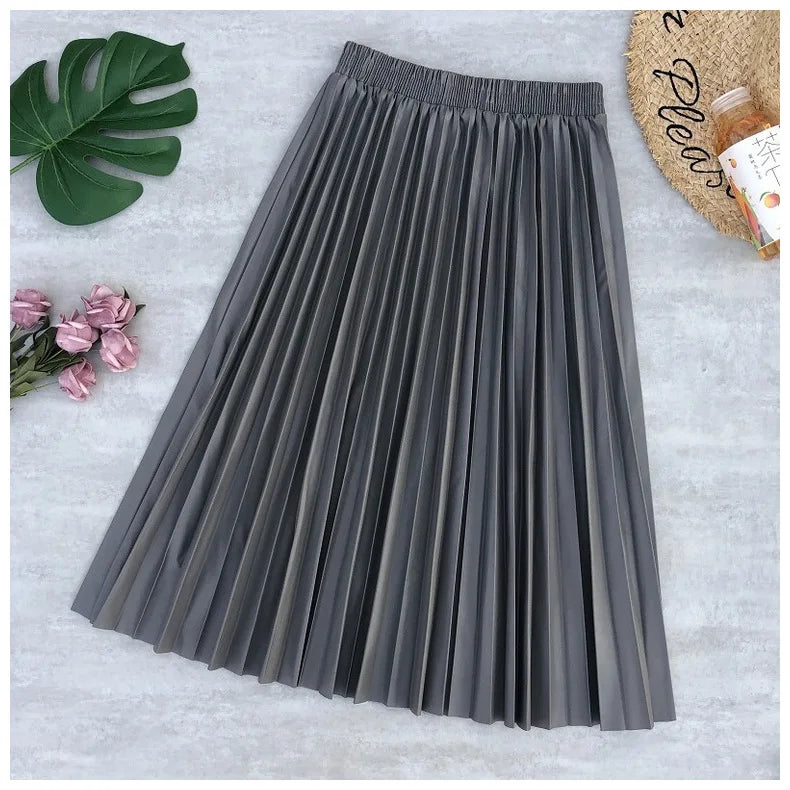 Neophil Ladies Black PU Fur Faux Leather Midi Skirt Thick Winter Pleated High Waist  Vintage Mid-calf Women Longa Saia S2010