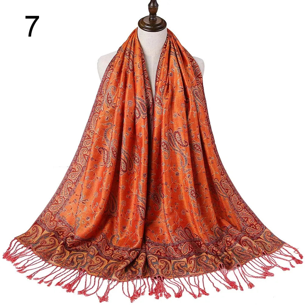 Pashmina Silk Scarf Shawl Wrap Paisley Jacquard Flowers Borders Rave 2 Layers Reversible Classic Tassels For Women 70X180cm 200g