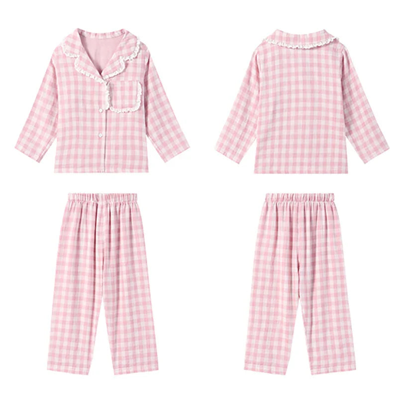 Cute Kid Girl's Turndown Collar Pink Plaid Pajama Sets.Vintage Toddler Kid‘s Pyjamas Set Sleep Loungewear.Children’s Clothing