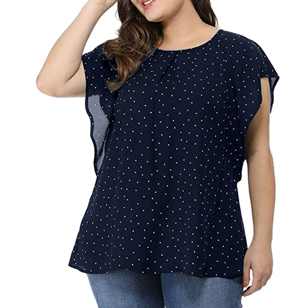 Women's Summer Plus Size Blouses Ruffle Sleeve Shirt Top Polka Dot Chiffon Round Neck Blouse Women Clothing