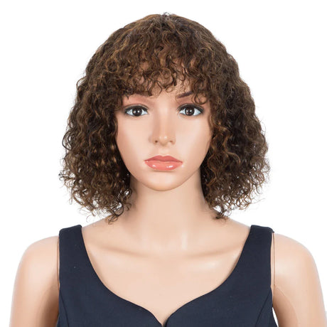 Trueme Curly Human Hair Wigs Colored Brazilian Bob Human Hair Wigs For Women Ombre Black Brown Deep Curly Full Wig With Bangs