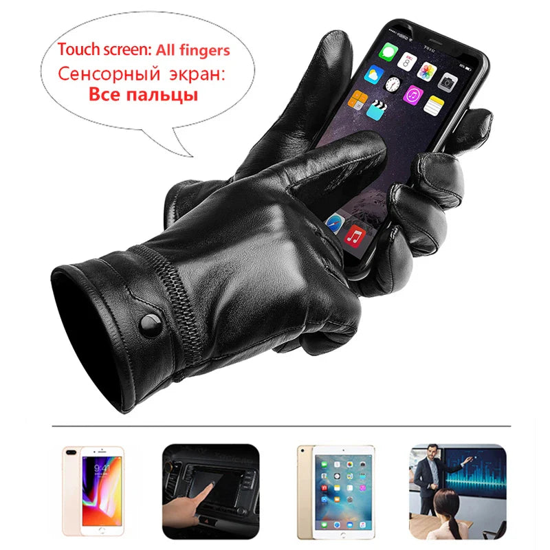 BISON DENIM Men Sheepskin Gloves Genuine Leather Thermal Warm Touchscreen Mittens Winter Ultralight Windproof Gloves For Driving