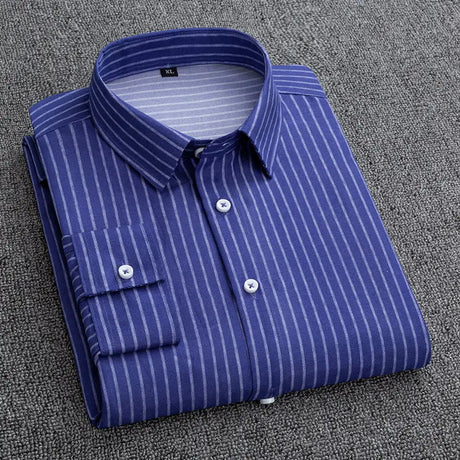 Mens Dress Shirts Striped Long Sleeve Spring Autumn Smart Casual Business Non-Ironing Slim Fit Formal Men's Shirt Blue White