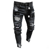 Men Slim Biker Ripped Long Denim Trousers Skinny Jeans pocket Young Man Jogging Pants Destroyed Stretchy-Black Pants