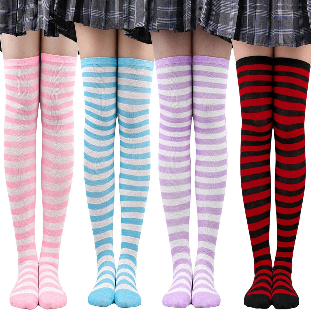 Women's Thigh High Over The Knee Socks For Girls Black White Striped Stockings Long Slouch Socken Kawaii Knit Leg Warmers Soks