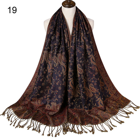 Pashmina Silk Scarf Shawl Wrap Paisley Jacquard Flowers Borders Rave 2 Layers Reversible Classic Tassels For Women 70X180cm 200g