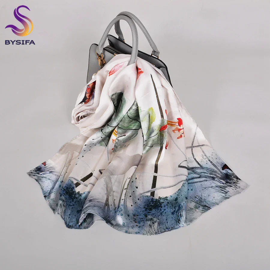 [BYSIFA] New Luxury Pure Silk Scarf Shawl Women Spring Autumn Long Scarves Ladies Brand 100% Silk Neck Scarf Foulard 175*52cm