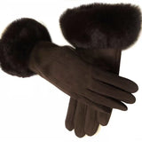 Women Faux Rabit Fur Wrist Suede Leather Touch Screen Driving Glove Winter Warm Plush Thick Full Finger Cycling Black Mitten H92