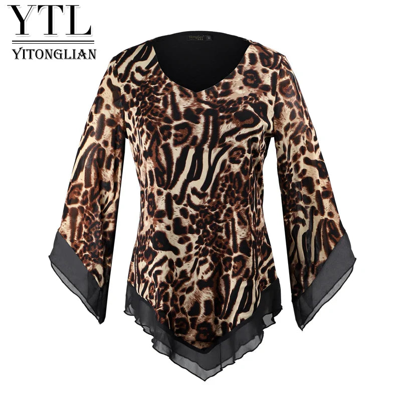 YTL Leopard Printed Mesh Irregular T Shirt Plus Size Women's Blouse Classical Elegant Stylish Tops H434