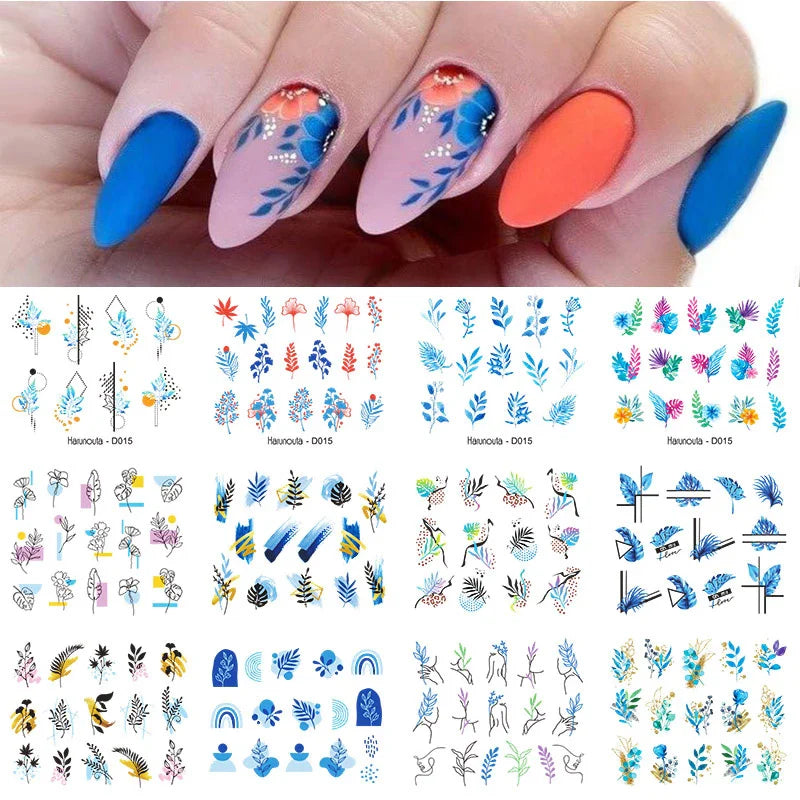 12 Designs Nail Stickers Set Mixed Floral Geometric Nail Art Water Transfer Decals Sliders Flower Leaves Manicures Decoration