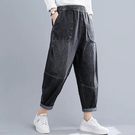 150Kg Plus Size Women's Spring Autumn Loose Big Pocket Jeans 6XL 7XL 8XL 9XL Literary High Waist Elastic Harem Trousers 2 Color