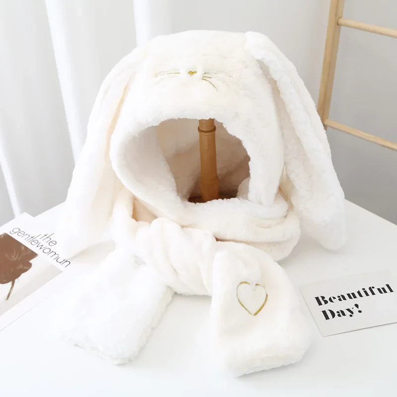 2021 women fashion Cute Cartoon Rabbit ears HatImitation mink Cap girl Winter Warmth Thickened with Scarf gloves one-piece hat