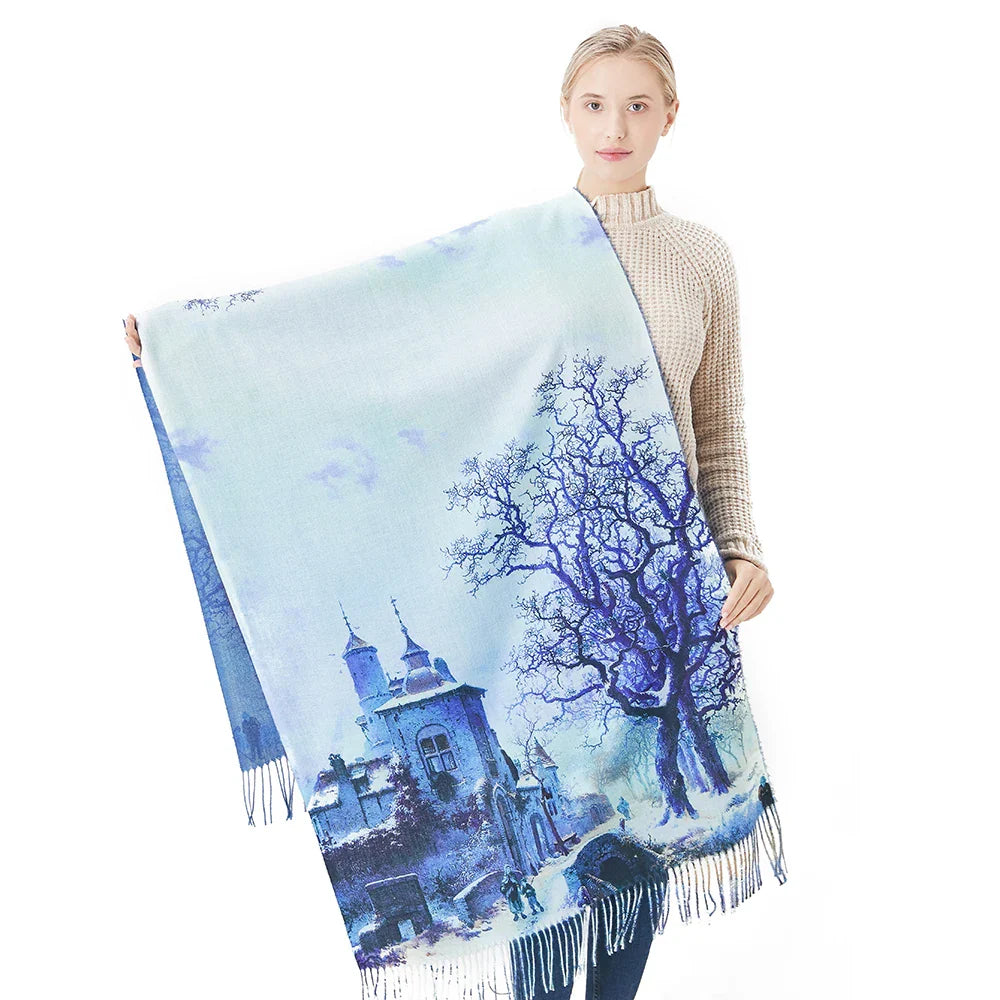 New Cashmere Scarf Women Digital Printing Pashmina Shawl Wraps Gustav Klimt Oil Painting Der Kuss Bandana Femme Foulard Tassels