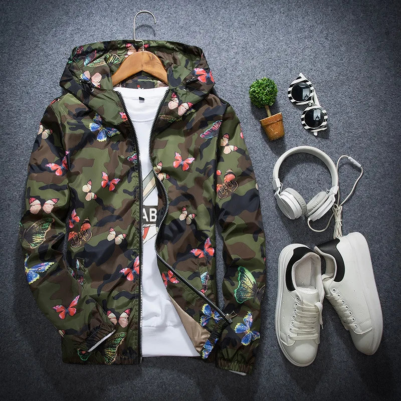 Mens Casual Camouflage Hoodie Jacket 2020 New Autumn Butterfly Print Clothes Men's Hooded Windbreaker Coat Male Outwea