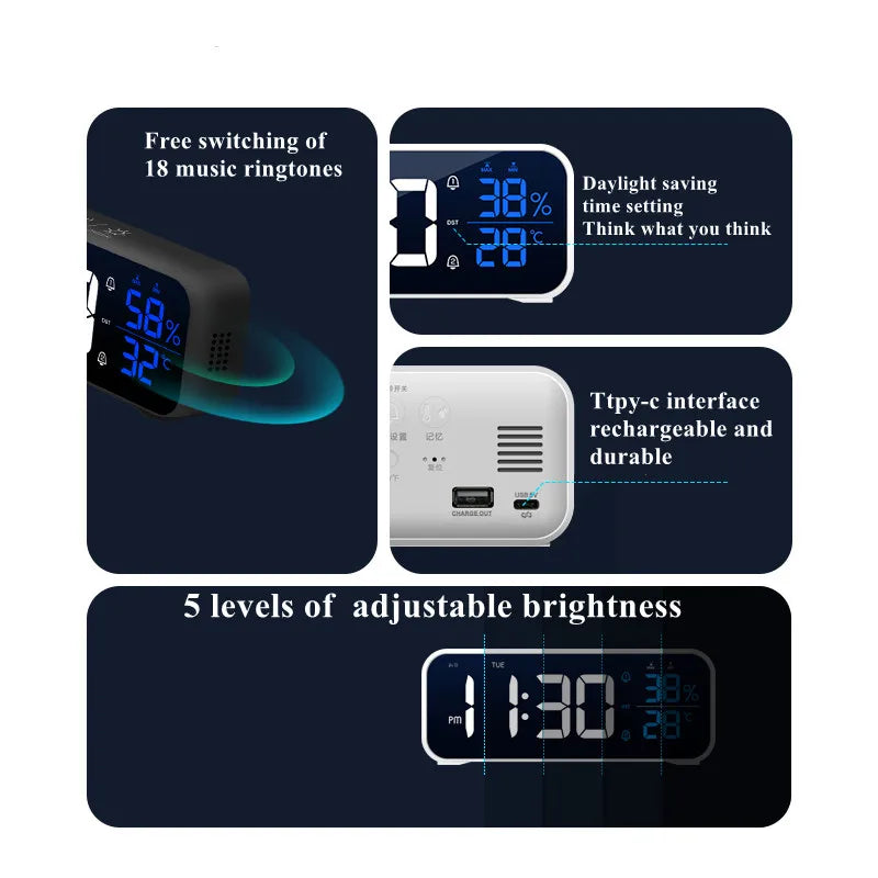 Music Alarm Clock Temperature Humidity Voice Control/Alaways On Table Clock Dual Alarm Wall  Rechargeable Digital LED Clocks