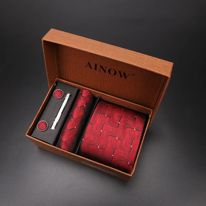 modern ties for men 2024 red Set Gift Box Jacquard Necktie And Pocket Square Clip Cufflinks Red Black Blue Handkerchief Formal