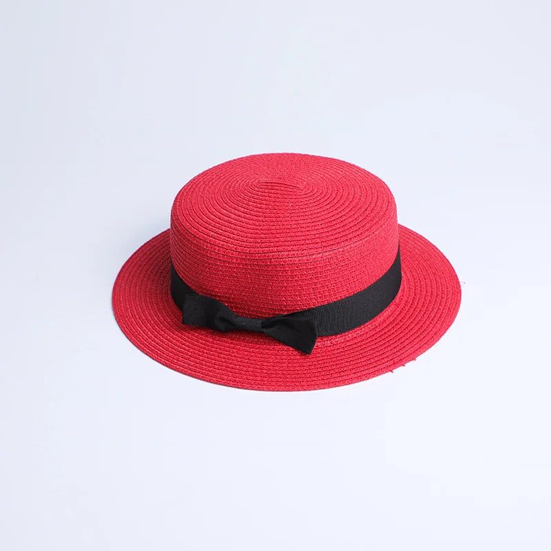 2019 Parent-child wholesale sun flat straw hat boater hat girls bow summer Hats For Women kid and Beach flat panama straw hat