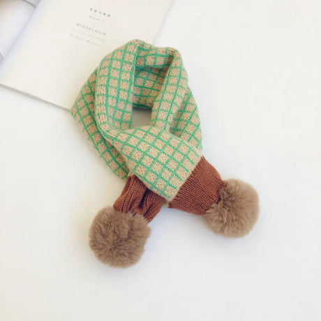 New Winter Children Plaid Knitted Scarves Korean Style Soft Pompon Patchwork Shawl Kids Warm Neckerchief