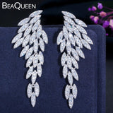 BeaQueen 65mm Long Dangle Drop Wedding Earrings Micro Paved Cubic Zirconia Angel Wing Shape Elegant Women Statement Jewelry E359