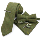 Top 50% Wool Soft 7cm Tie Bowtie Hankie Clip Brooch Sets Dusty Green Solid Classy Men Wedding Suit Daily Cravat Accessory Gift