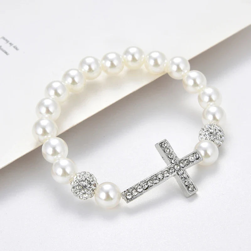 1 Pc Fashionable Imitation Pearl Beaded Bracelet Cross Pendant Elastic Bracelet Jewelry Decoration Souvenir Gift for Women