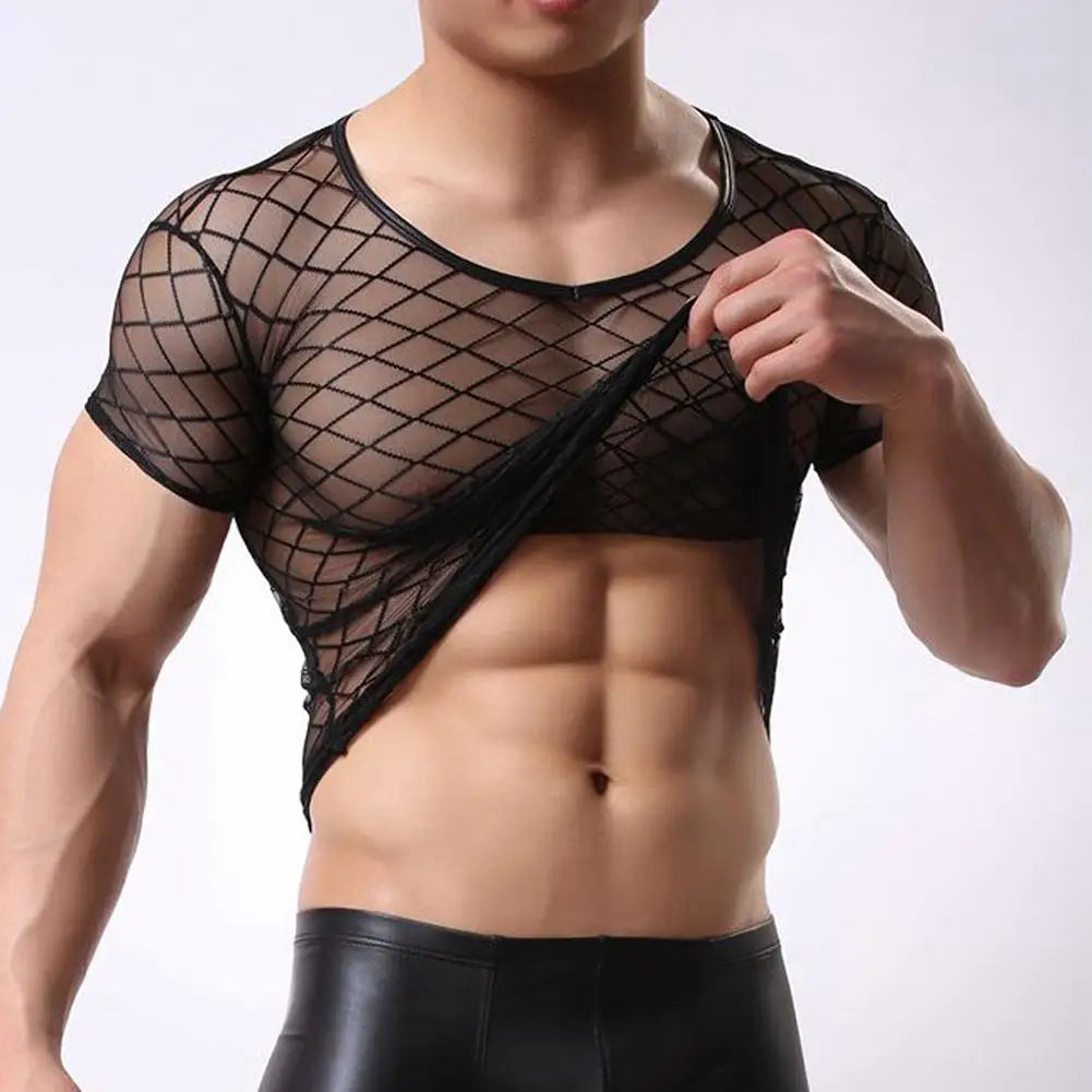 Night Club Sexy Men Short Sleeve Mesh T-Shirt See-through Fit Openwork Top Mesh T-Shirt See-through Fit Openwork Top Mesh T-Shir