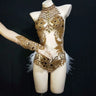 Sparkly Silver Crystals Mesh Bodysuit Women Feather Leotard Outfit Female Bar Dance Stage Party Dance Costume Celebrate Dress