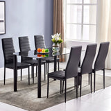 6-Seater Dining Table Chair Set Includes 1 Tempered Glass Dining Table + 6  High Backrest Dining Chairs Black[US-Depot]