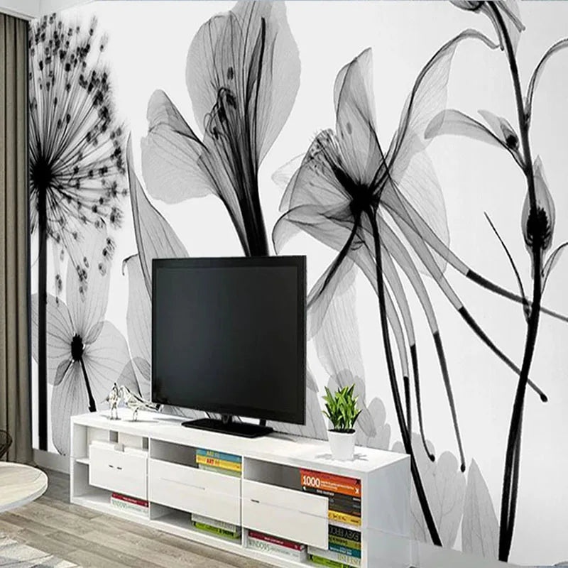 Modern Hand Painted Black And White Dandelion Flowers Mural Wallpaper 3D Abstract Art Wall Painting Living Room Papel De Parede