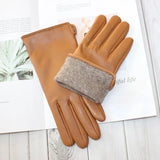 New women's leather color gloves sheepskin classic straight style knitted lining spring driving mittens autumn