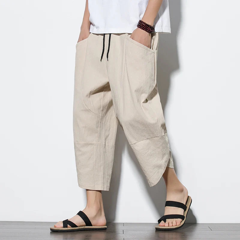 2023 Summer Men Chinese Style Cotton Linen Harem Pants Men Streetwear Breathable Beach Pants Male Casual Calf-Lenght Trousers