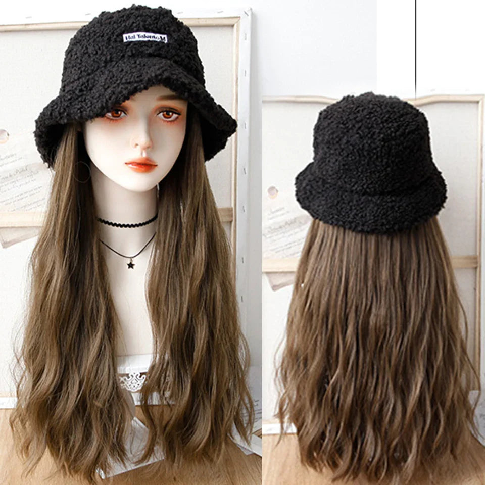 AS  Syntheti Curly hair Lamb wool fisherman hat Berets  Wig Natural Black Straight Wigs Naturally Connect Synthetic Hat Wig Adju