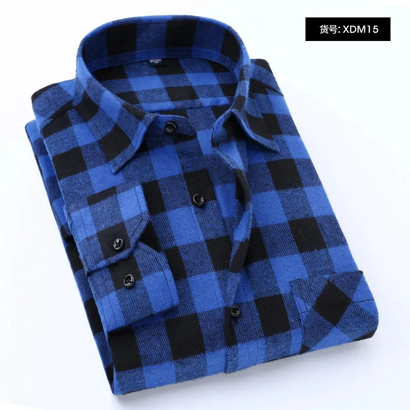 Quality Flannel Plaid Men Shirt Cotton Spring Autumn Casual Long Sleeve Dress Shirts Soft Comfort Slim Fit Button Down Clothes