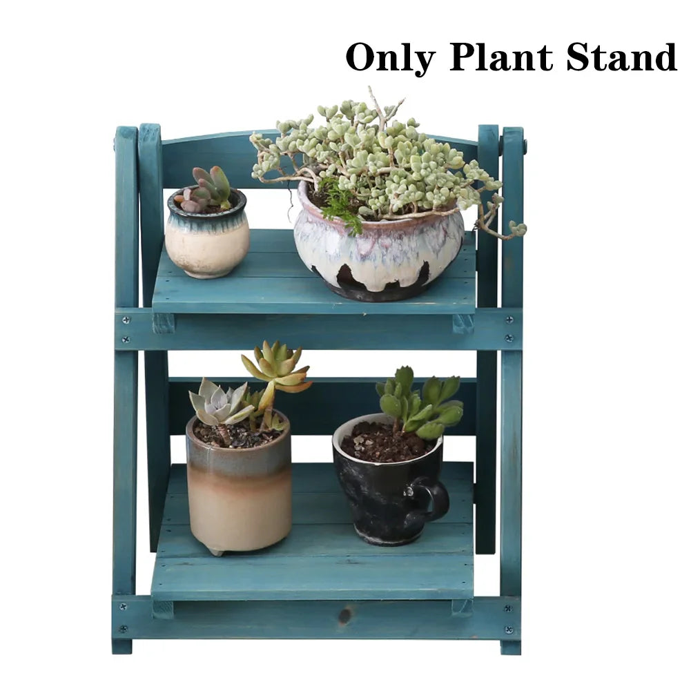 Balcony Garden Corner Display Rack Desk Shelf Living Room Two-layer Plant Stand Storage Solid Wood Folding Retro Indoor Outdoor