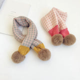 New Winter Children Plaid Knitted Scarves Korean Style Soft Pompon Patchwork Shawl Kids Warm Neckerchief