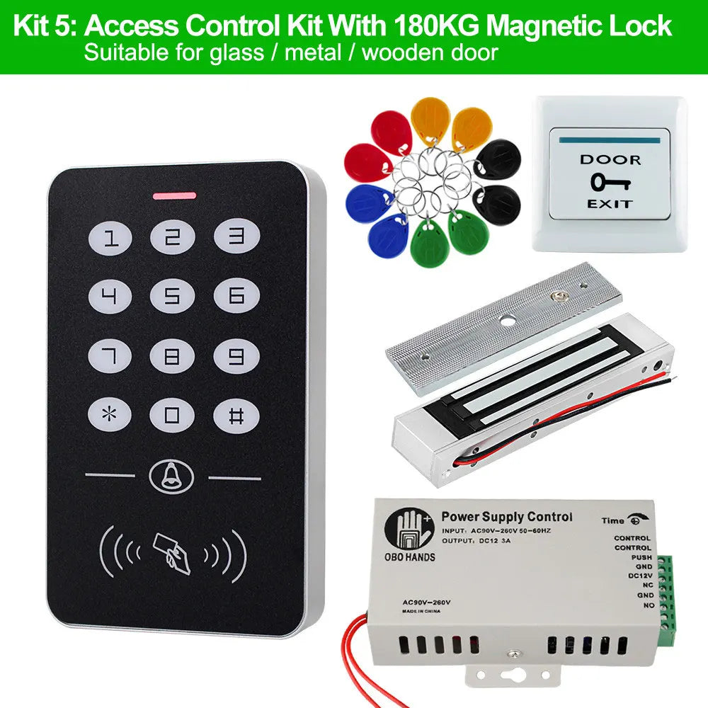 OBO Hands Door Access Control System Kit RFID Keypad + Power Supply + Electric 180KG Magnetic Lock Strike Door Locks for Home