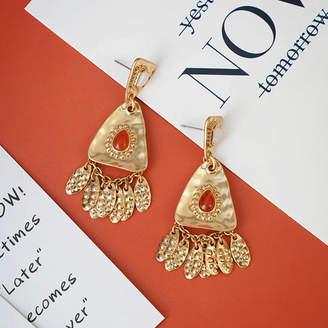 Vintage Leaves Earrings Heavy Metal Gold Studs Tassel Ethnic Geometric Pendant Y2K For Women Bohemian Jewelry