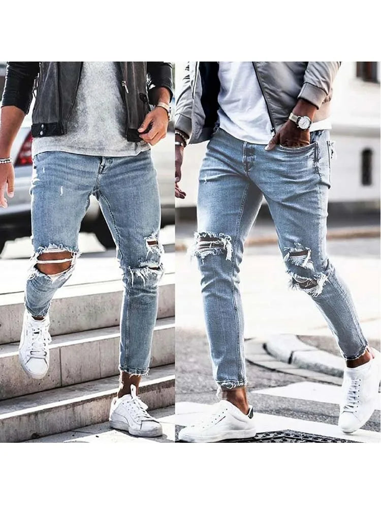 Men Jeans Streetwear Knee Ripped Skinny Hip Hop Fashion Estroyed Hole Pants Solid Color Male Stretch Casual Denim Big Trousers