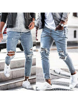 Men Jeans Streetwear Knee Ripped Skinny Hip Hop Fashion Estroyed Hole Pants Solid Color Male Stretch Casual Denim Big Trousers