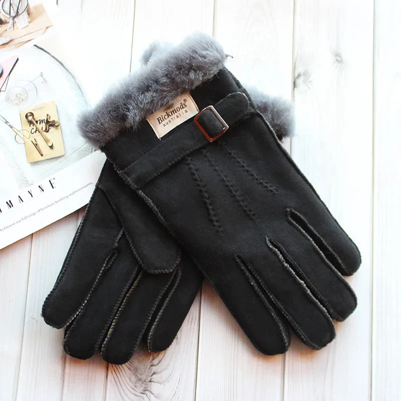 Sheepskin Fur Gloves Men's Thick Winter Warm Large Size Outdoor Windproof Cold Hand Stitching Sewn Leather Finger Gloves