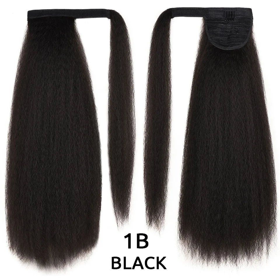 HANNE Yaki Straight Ponytail Hair Extensions For Black Women Wrap Around Clip In Magic Paste Heat Resistant Synthetic Hair Piece