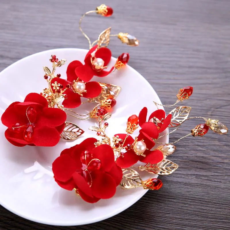 New Fashion Chinese Red Flower Simulated Pearl Crystal Hair Clip Hairpin Noiva Bridal Bride Wedding Veil Decoration Jewelry