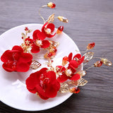 New Fashion Chinese Red Flower Simulated Pearl Crystal Hair Clip Hairpin Noiva Bridal Bride Wedding Veil Decoration Jewelry