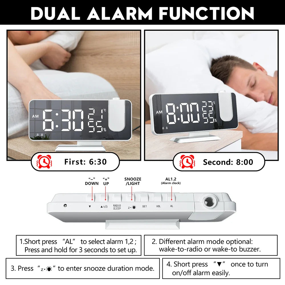 FM Radio LED Digital Smart Alarm Clock Watch Table Electronic Desktop Clocks USB Wake Up Clock with 180° Time Projection Snooze