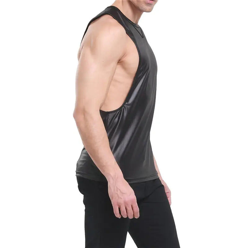 Sexy Mens Tank Tops Sleeveless Undershirts Faux Leather WetLook Stage Dance Clubwear Male NightClub Muscle Shirt Casual Men Vest