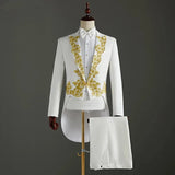 (Jacket+Pants) 2 Piece Wedding Suit White Embroidery Tailcoat Set Singer Host Swallowtail Costumes Magician Chorus Stage Suits