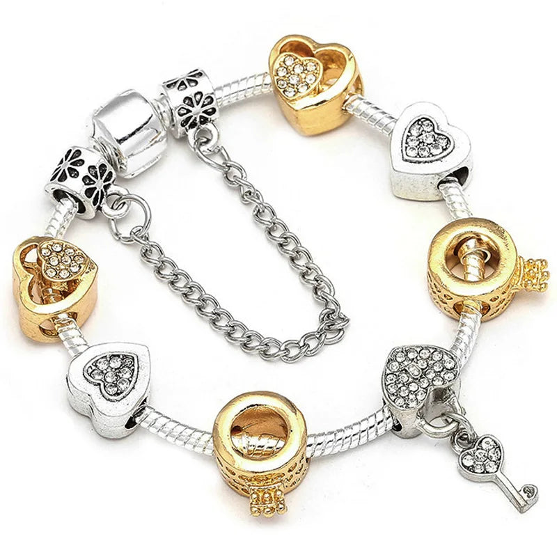 Seialoy Silver Plated Heart Key Pendant Charm Bracelets For Women Original Girls Princess Crown Beaded Bracelet Wife Jewelry