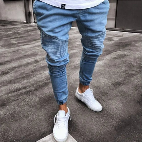 Men's Ripped Pencil Pants Men Skinny Denim Biker Side Striped Jeans Men's Fashion Foot Mouth Zipper Hip-Hop Slim Denim Trousers